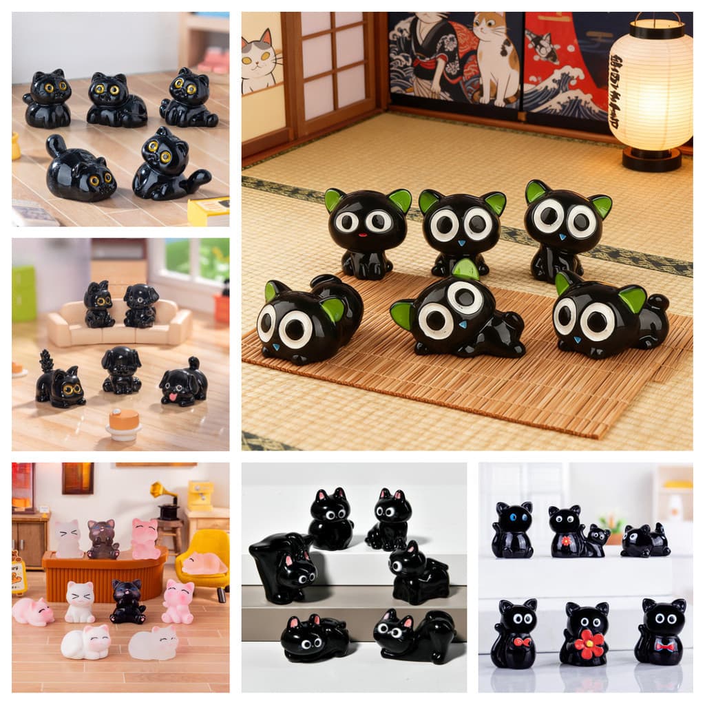 1 Conjunto De Desenhos Animados Gato Preto Cão Animal Miniaturas Ornamentos Resina Decoração Do Jardim Fadas Micro Paisa