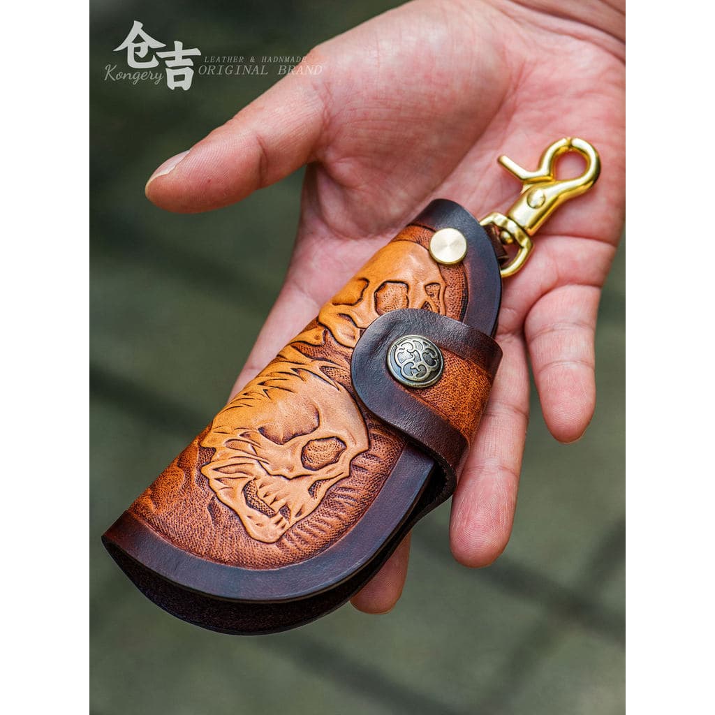 Estojo para chave com escultura em couro!Cangyo bolsa de chave esculpida feita à mão de primeira camada, masculina, femi