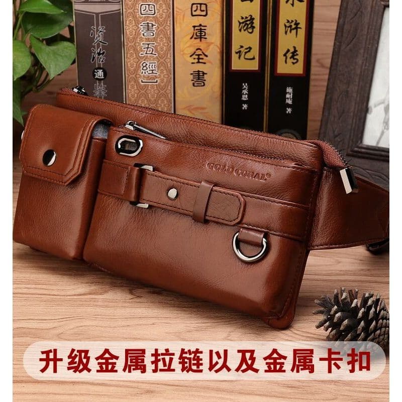 Bolsa de cintura masculina de couro genuíno, primeira camada de couro, bolsa de peito pendurada, bolsa mensageiro mascul