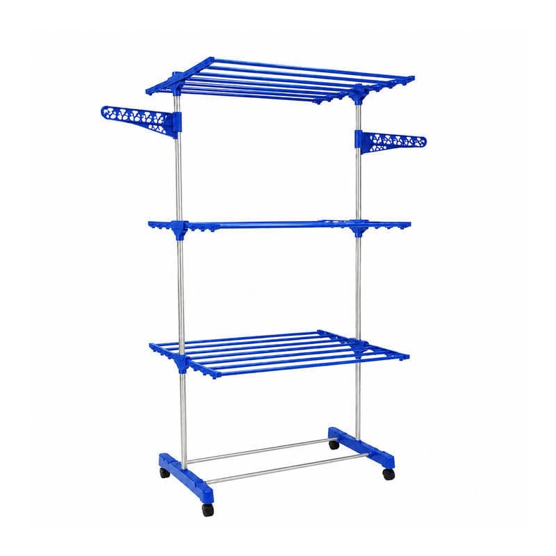 Varal Torre 3 Andares Azul Inox Dobrável Rodinhas Giratórias