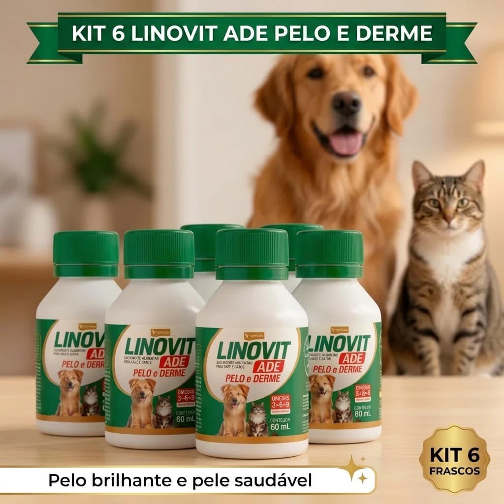 🐾Kit 6 Linovit ADE 60ml Suplemento Vitamínico Ômega 3 6 9 Cães Gatos Pele e Pelo Brilho Antiqueda🐾