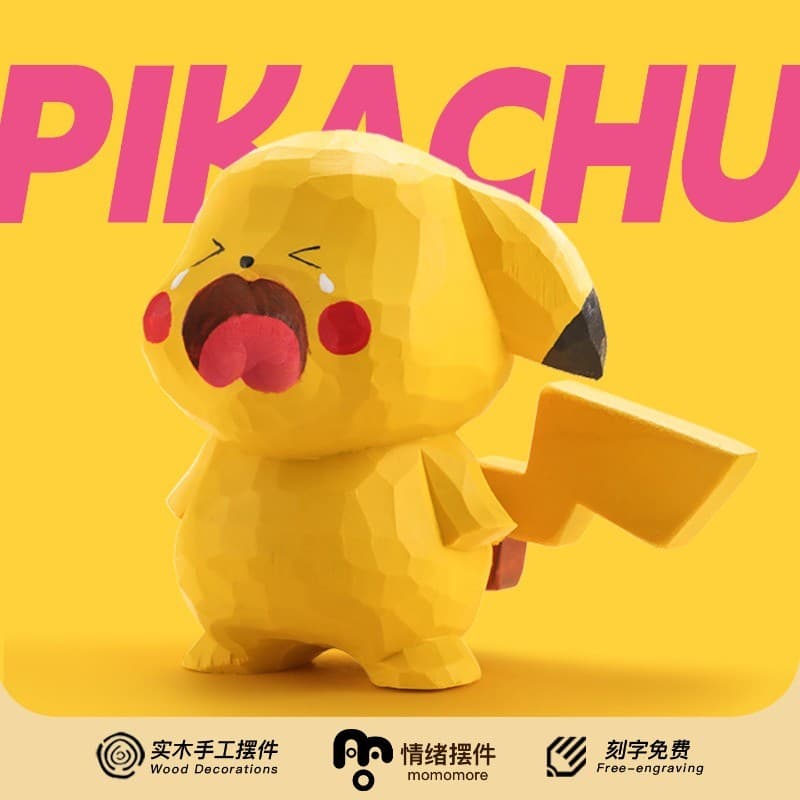 Enfeites de escultura em madeira feitos à mão Pikachu Pokémon Car Desktop Bonito presente de aniversário