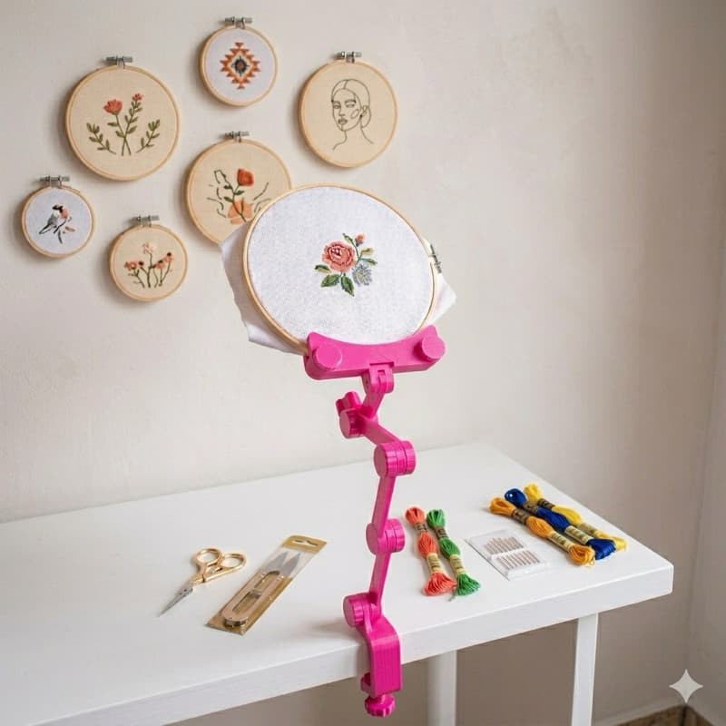 Suporte Para Bastidores Bordado Articulado Rosa – Conforto e Precisão em Dobro!