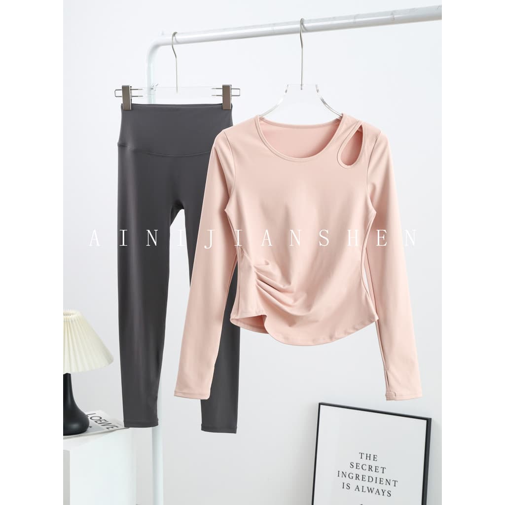Roupas de Yoga de manga comprida feminina oco cintura estreita esportes camiseta mais magro olhar correndo Pilates trein