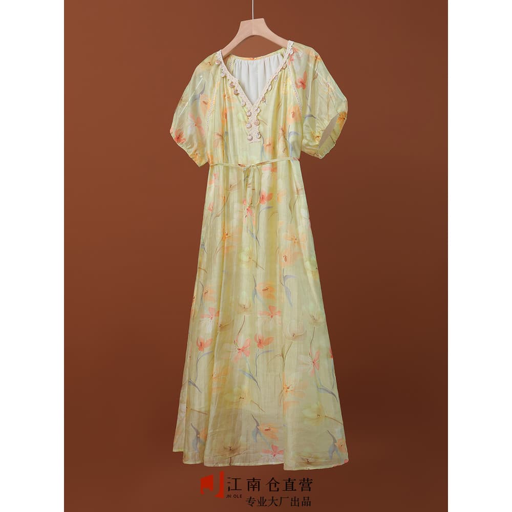 Jiangnancang|Perder liberação!Lyocell Tencel ~ Monet Garden Series Estilo Férias Vestido Elegante Saia Longa Feminino Ve