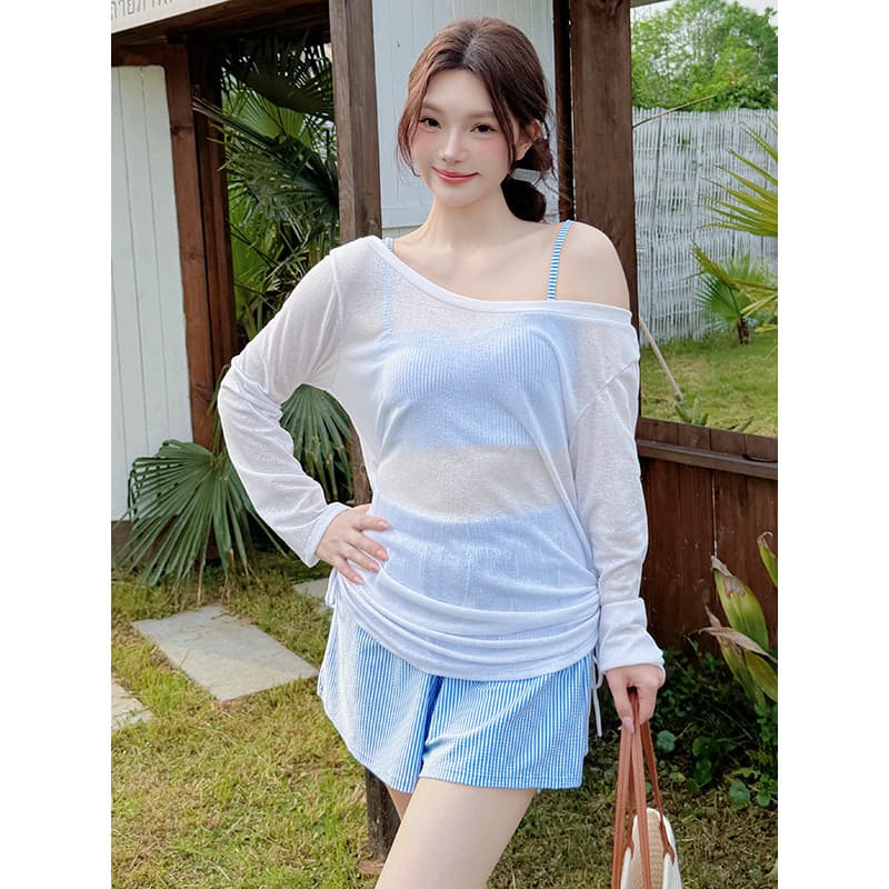 Novo estilo de férias estilo ombro oblíquo manga comprida protetor solar blusa feminina solta sensação solta tamanho gra