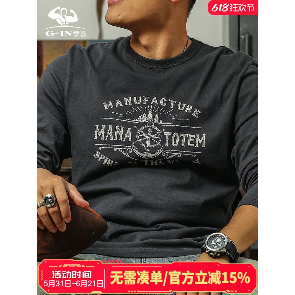 Temporada palavras de manga comprida camiseta masculina outono inverno pesado puro algodão em torno do pescoço âncora im