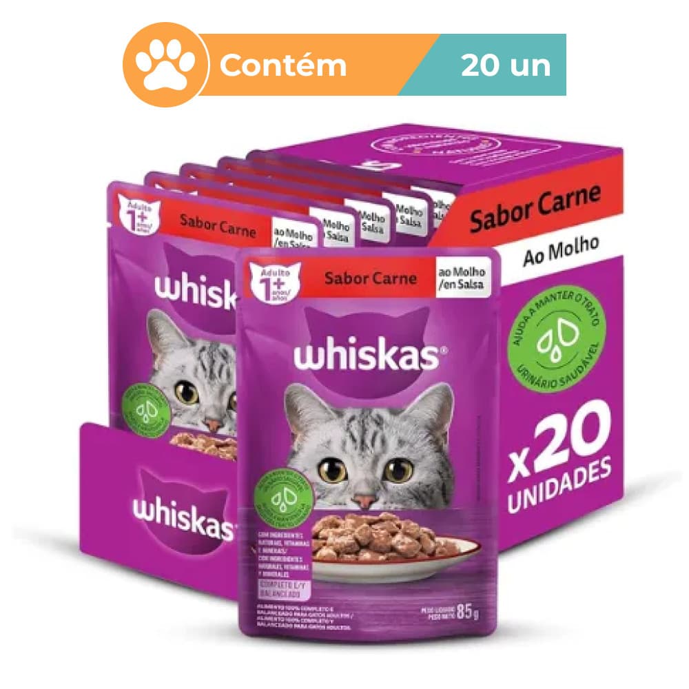 Ração Úmida Whiskas Carne Gatos 20 Sachês 85g