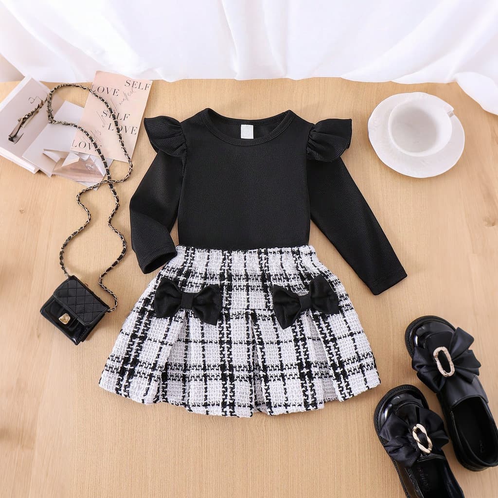 Crianças Adorável Bebê Menina Roupas Casuais Doce Borboleta Nó Xadrez Mini Saia Terno Confortável Algodão Topo Conjunto
