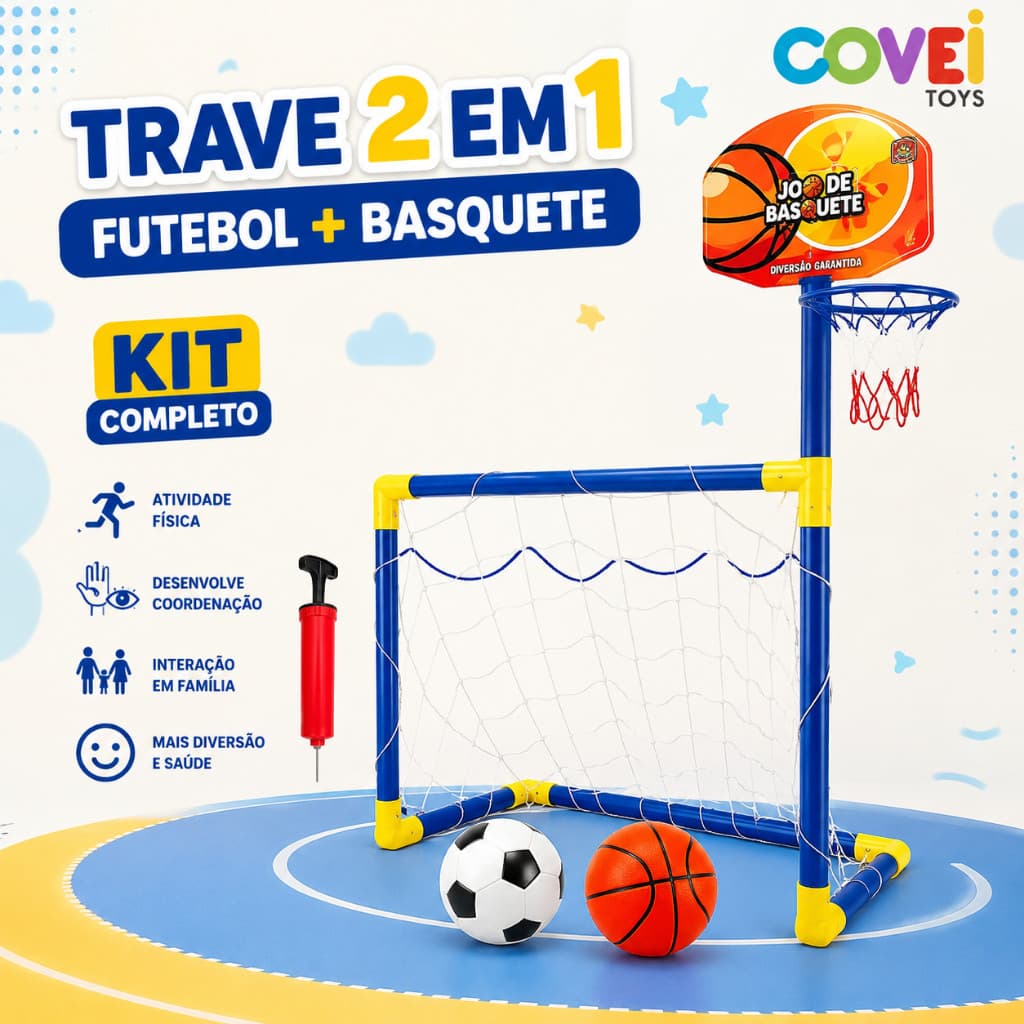 Golzinho Infantil 2 Em 1 Futebol Basquete Kit Completo Com Bolas Rede E Bomba Fácil Montagem