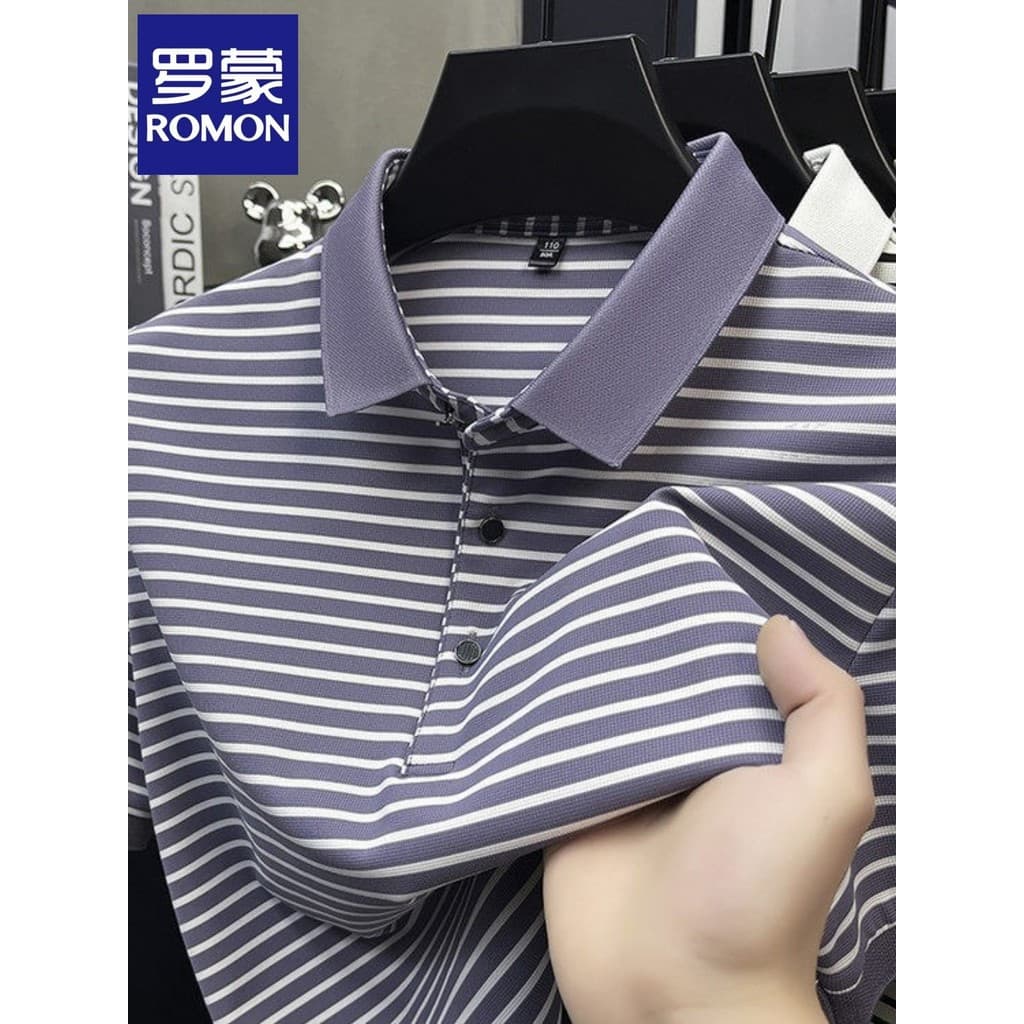 Lomon verão fio-tingido listrado lapela manga curta camiseta polo masculino de meia idade pai usar Casual pele-amigável