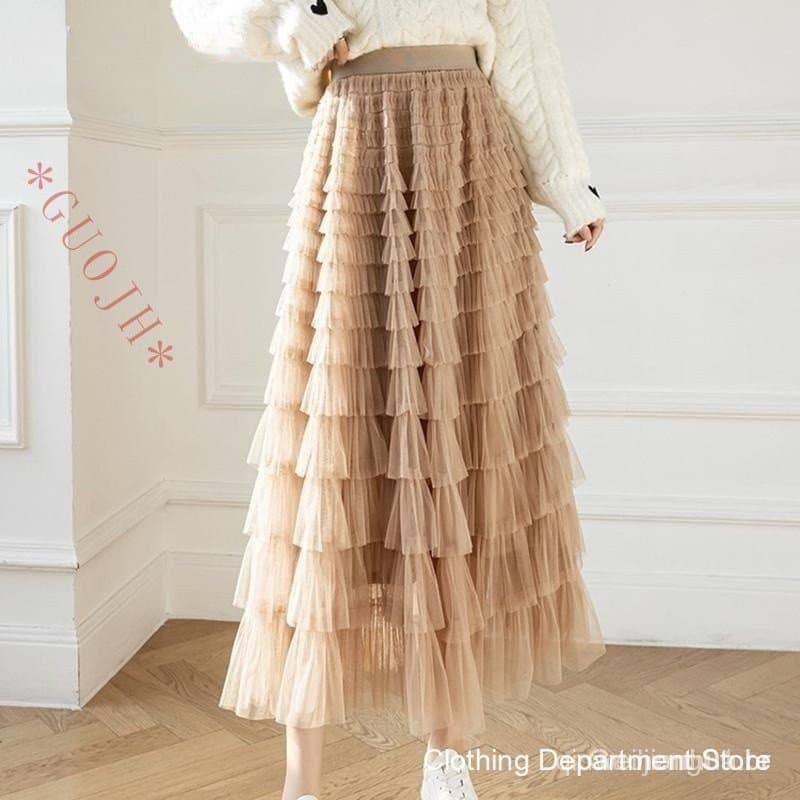 Vestido de Moda Estilo Coreano de Outono GUOJH, Saia de Tule Retro de Cintura Alta QT1989 UZNK 3QDE WMLT