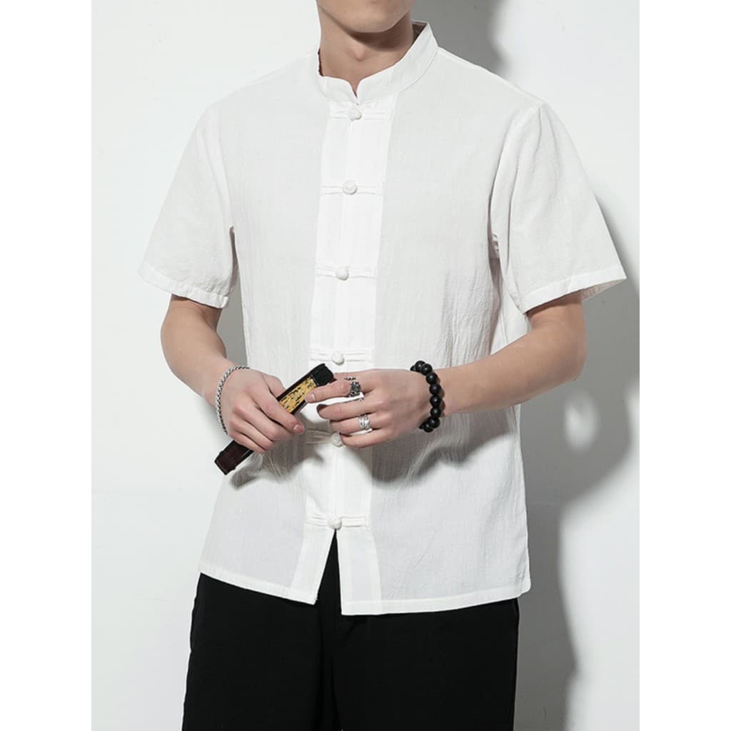 Tang terno masculino de manga curta roupas de verão masculino Hanfu camisa de linho de meia-idade roupas de pai algodão