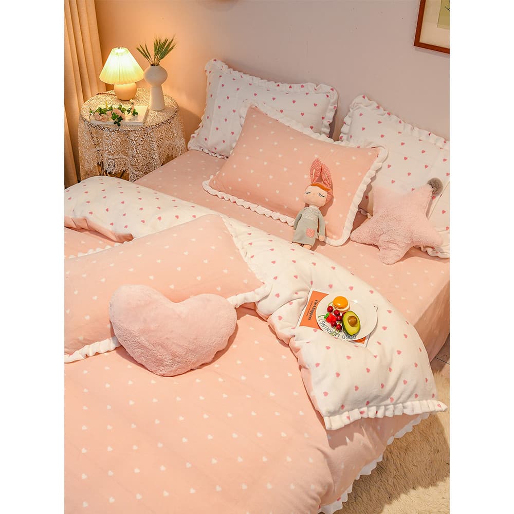 Conjunto de quatro peças de lã de leite inverno Coral velo dupla face quente estilo princesa flanela cama mais camurça 2