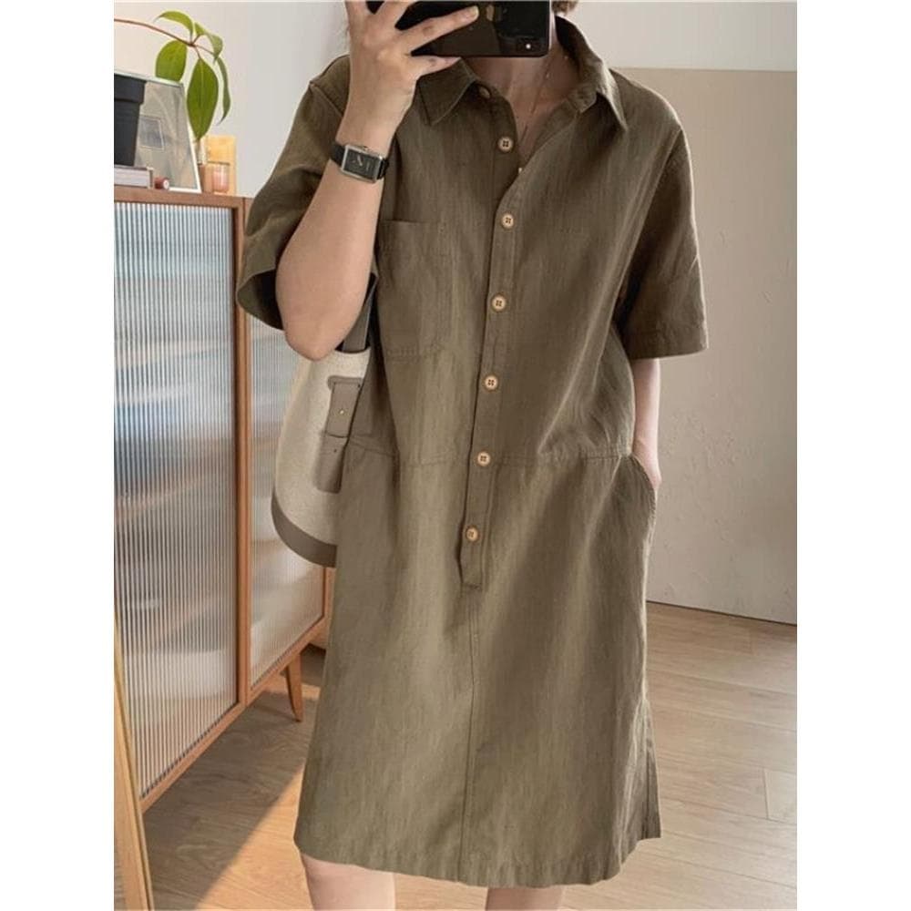 2026 novo estilo algodão linho feminino simples temperamento Commuter Casual lapela reta pulôver curto vestido de manga