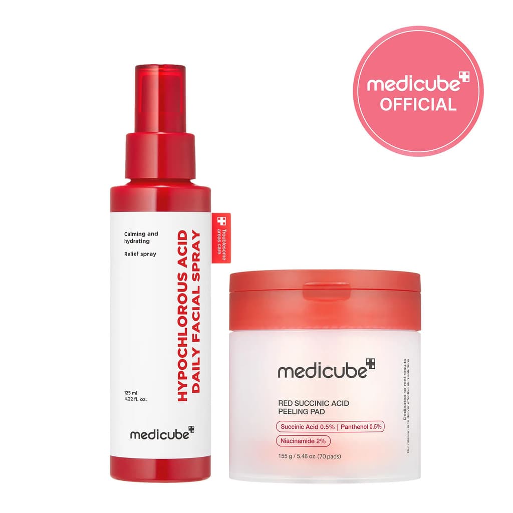 [medicubeOfficialShop]Conjunto SOS para Cuidado com o Estresse | Compressas de Ácido Succínico Vermelho, Spray de Alívio