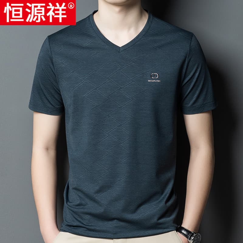 Hengyuanxiang Camiseta masculina de manga curta de verão, seda gelada, meia manga, decote em v, roupa de pai de meia-ida