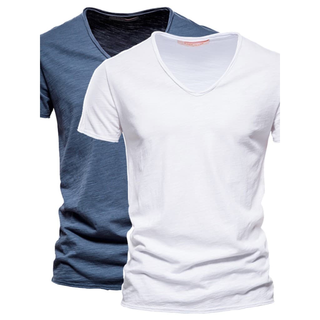 Americano Retro com decote em V Slub algodão de manga curta camiseta masculina Casual fino ajuste puro algodão masculino