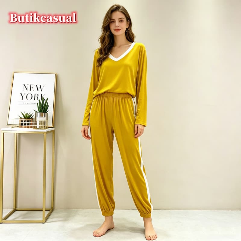 Feminino Modal Conjunto Superior Simples Solto Loungewear Pijamas Com Decote Em V Manga Longa Camiseta Calça Casa Terno