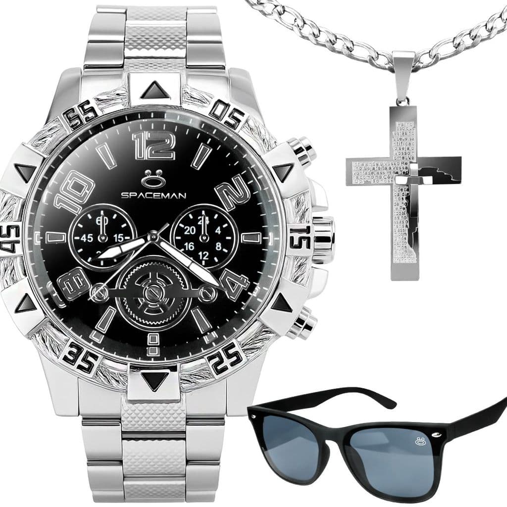 Relogio Aco Inox Masculino + Oculos Proteção UV + Cordao