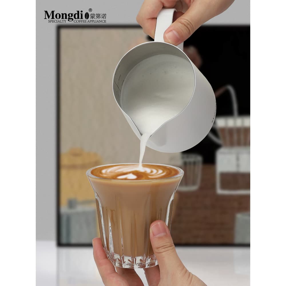 Mongdio guirlanda cilindro café guirlanda copo de espuma de leite tanque de leite aço inoxidável boca afiada café leite