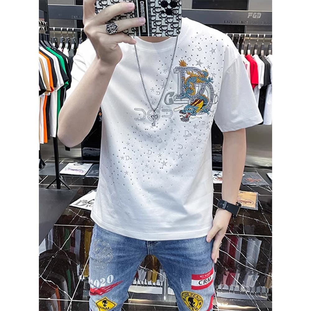 Estação europeia High-End diamante quente bordado ano do dragão camiseta de manga curta masculina 2026 verão novo estilo