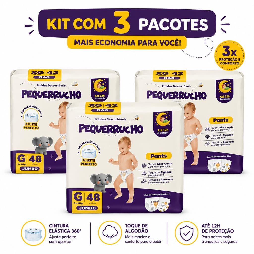 3 Pacotes de Fralda Pequerrucho Pants Tamanho M G XG XXG