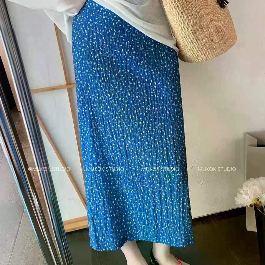 Saia Floral Azul Feminina Novo Verão Plissada Quadril Reta