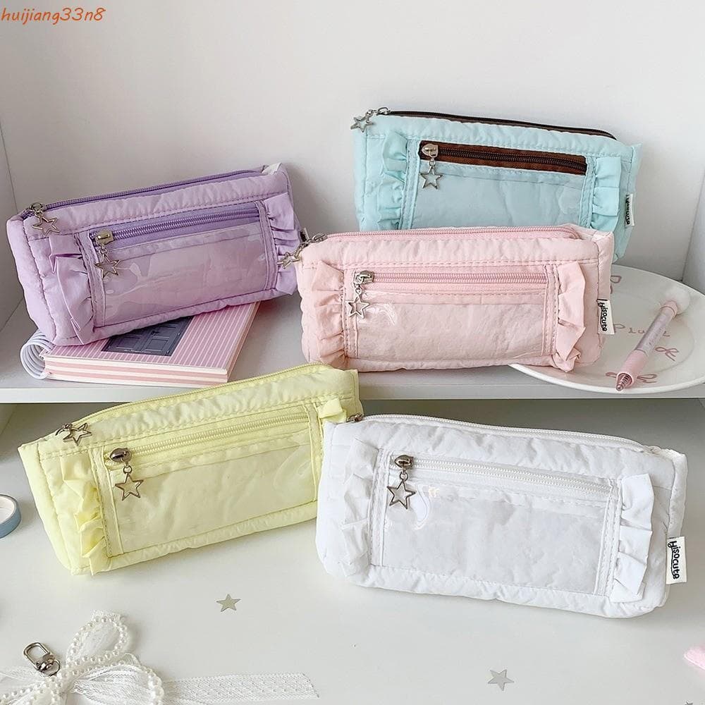 HUIJIANG Bolsa De Papelaria Coreana Com Babados , Estojo De Lápis Zíper Estrela Em PVC Para Borda