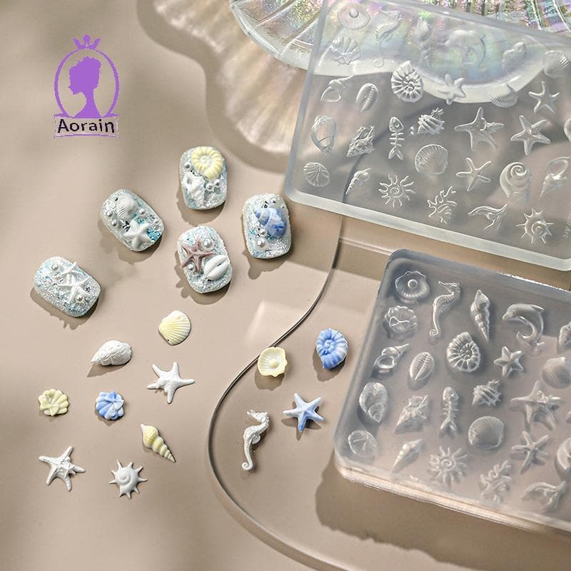 ANTH 1pcs Mar Sereia Shell Starfish Goldfish Koi Fish 3D Acrílico Molde De Unhas Verão Medusa DIY Laço Arco Silicone Par