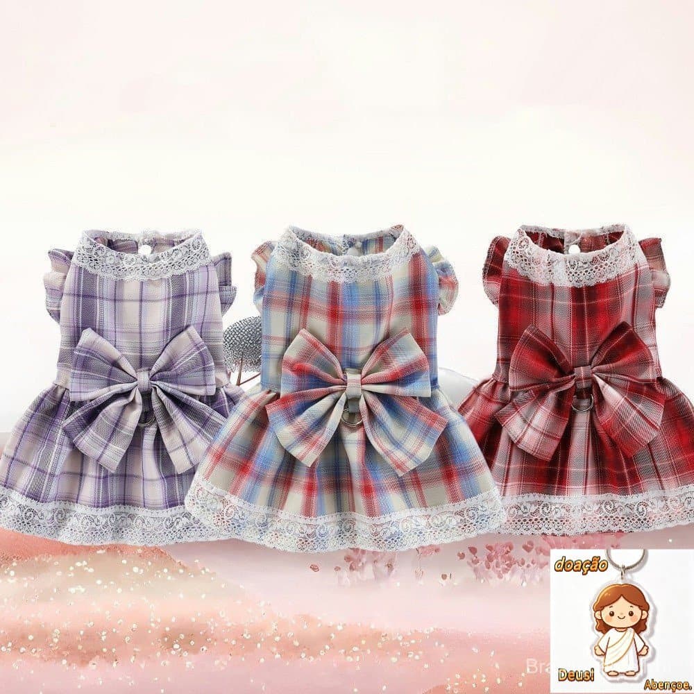 Adorável Vestido Xadrez Para Cachorro De Estimação Com Renda E Laço Babados-3 Cores Disponíveis , Roupa De Festa Chique