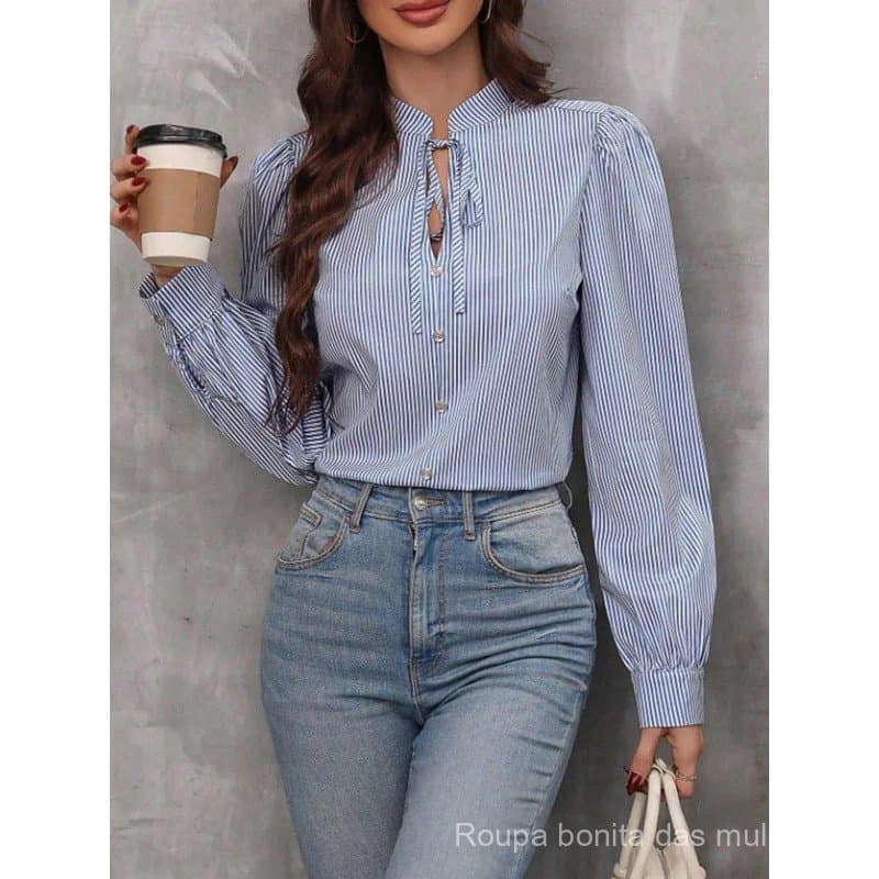 Camisa Feminina de Manga Longa com Decote em V e Botões, Cor Sólida, Listrada, para Escritório e Trabalho