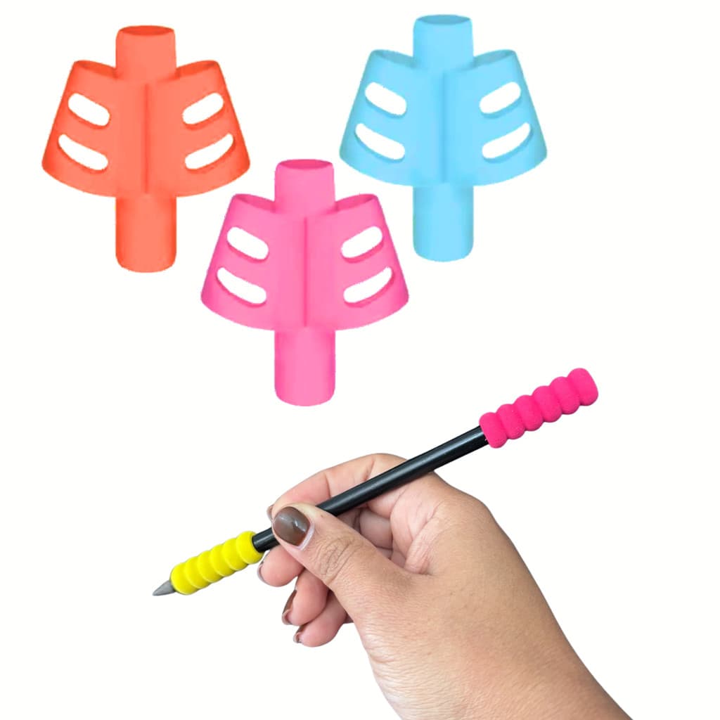Kit 03 Adaptador Escrita Ergonômico + 02 Ponteira Mordedor Lápis Autismo Sensorial Coordenação Motora Grip Anti Estresse