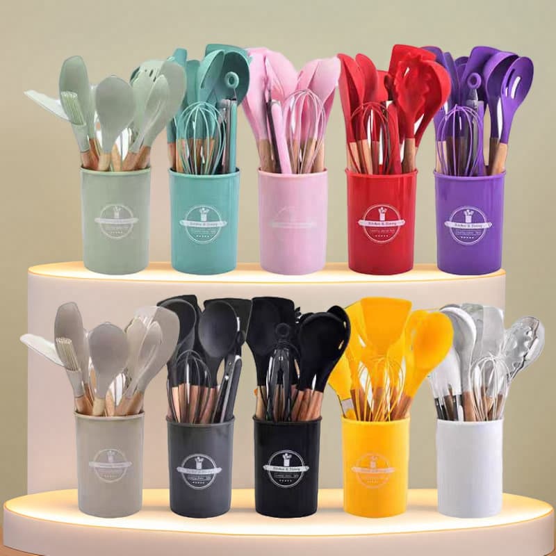 Utensílios de cozinha com cabo de madeira de Silicone de qualidade alimentar combinando caixa de armazenamento dedicada