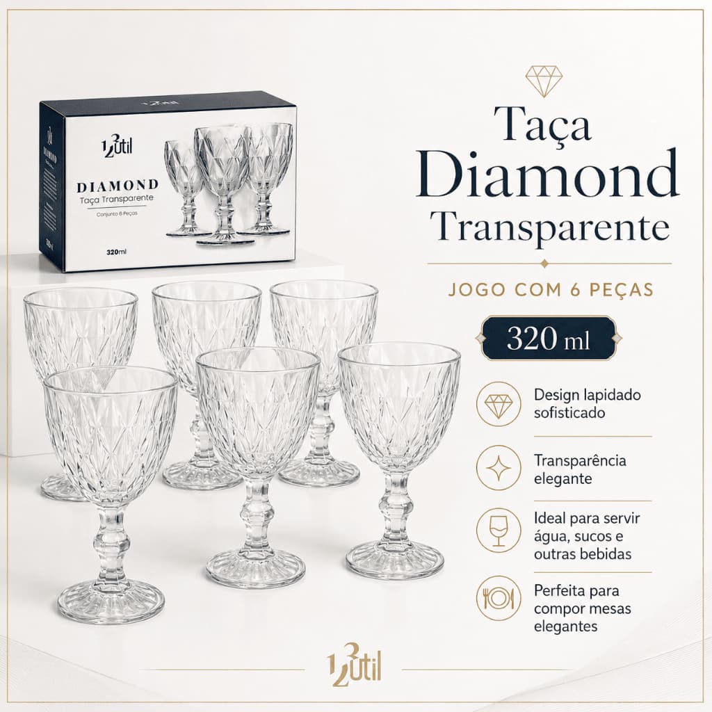 Kit 6 Taças de Vidro Transparente Elegante para Água, Vinho e Suco Jogo de Copos Multiuso Resistente