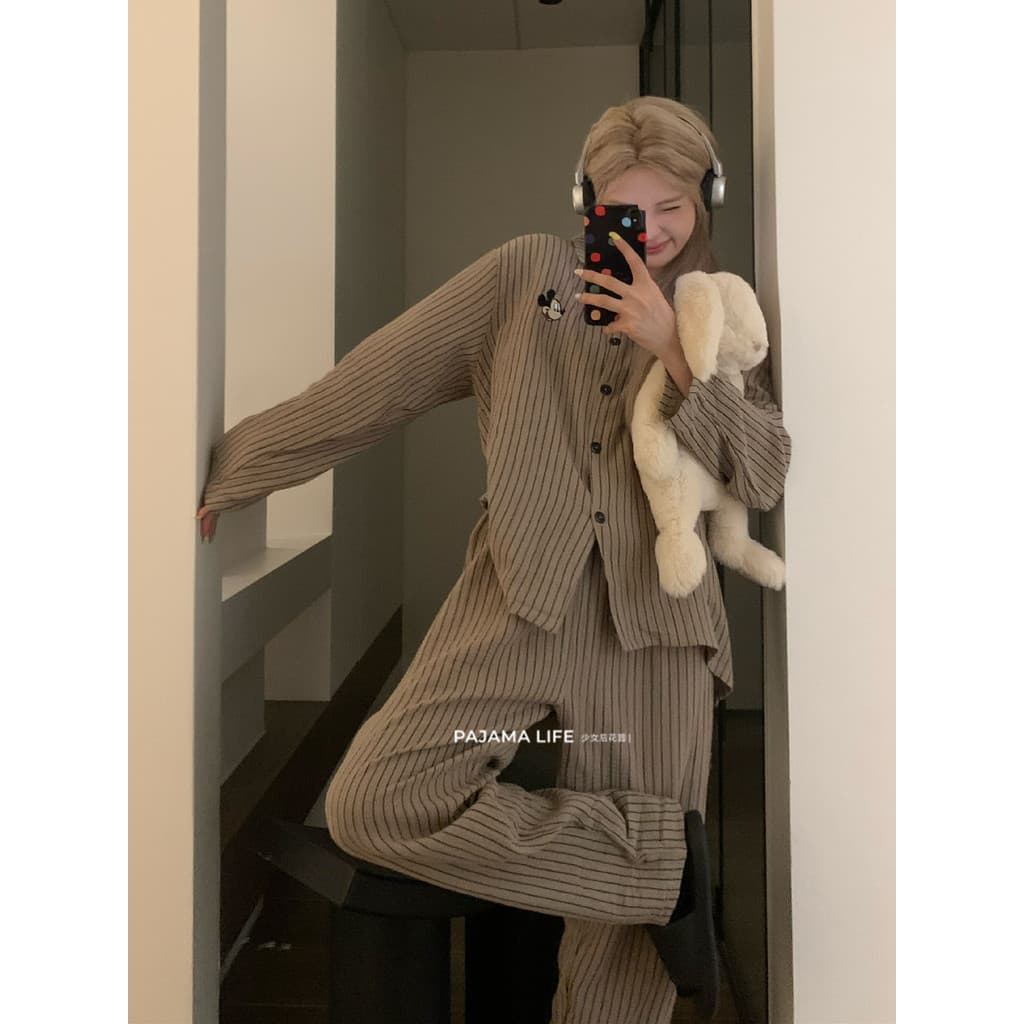 Coreano High-End listrado Mickey puro algodão pijamas feminino primavera outono manga comprida estilo fino dupla camada