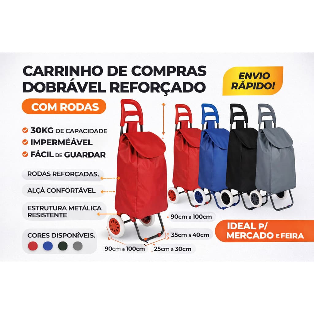 Carro de Compras que Dobra Reforçado com Rodas Grandes 30,0kg Impermeável Portátil Feira Mercado Resistente