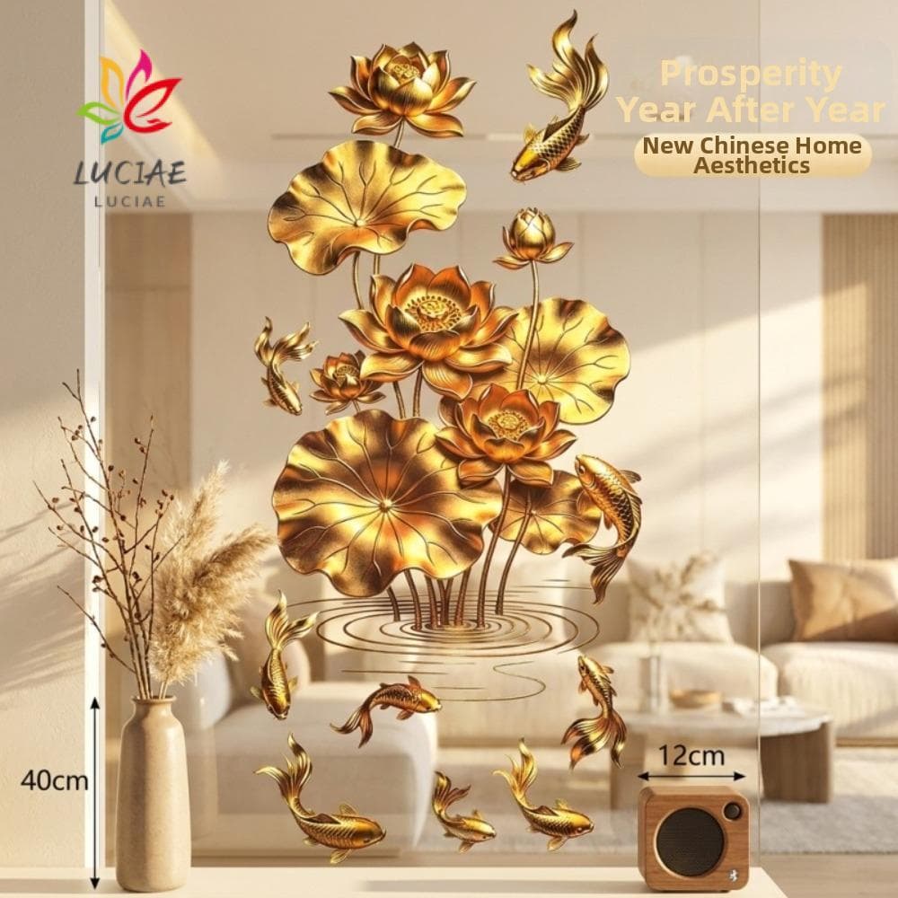 Adesivo De Parede De Lótus Dourado LUCIAE , Koi De Flor Com Efeito Antiestático Porta De Vidro Plástico