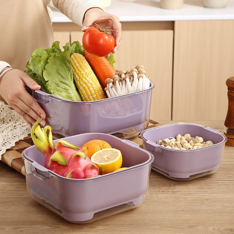 Cesto de lavagem de vegetais de dupla camada elegante para cozinha, escorredor de água, bacia para lavar frutas e vegeta