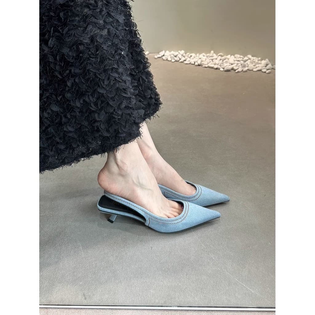 Sapatos femininos estilo fada francesa com salto fino, bico fino, sandálias abertas atrás para mulheres, mules de verão