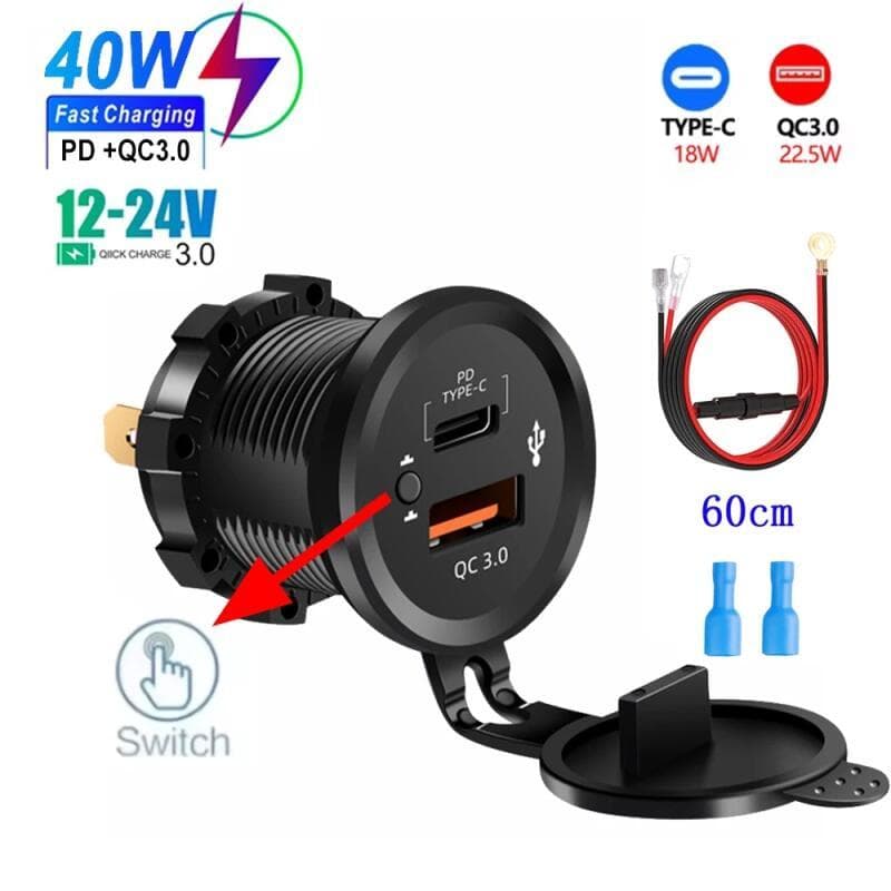 Carregador De Carro Rápido USB Duplo 12V/24V À Prova D'água Com Interruptor , Tomada De Energia De Carga Rápida Para Mot