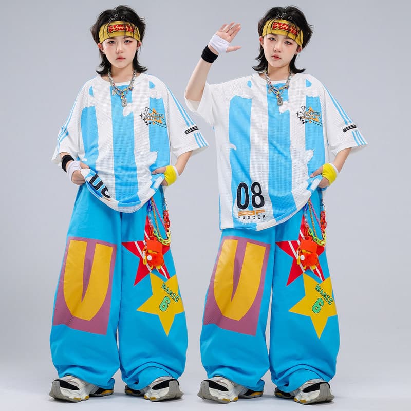 Crianças dança de rua desempenho traje Hip-Hop crianças na moda traje meninos azul listrado terno médio grande crianças