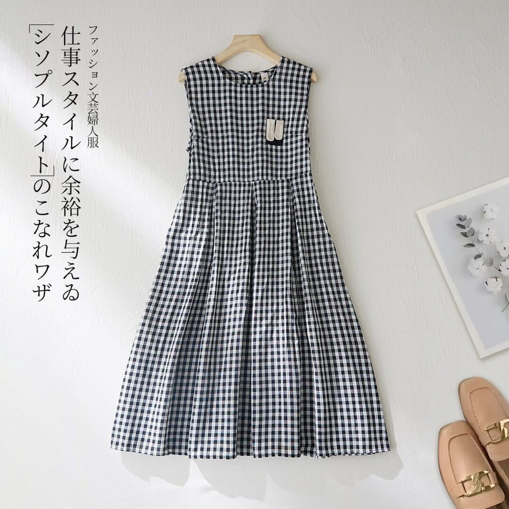 Feminino Preto Branco Xadrez Sem Mangas Em Torno Do Pescoço Pinafore Midi Vestido Confortável Relaxado Ajuste Para Viage