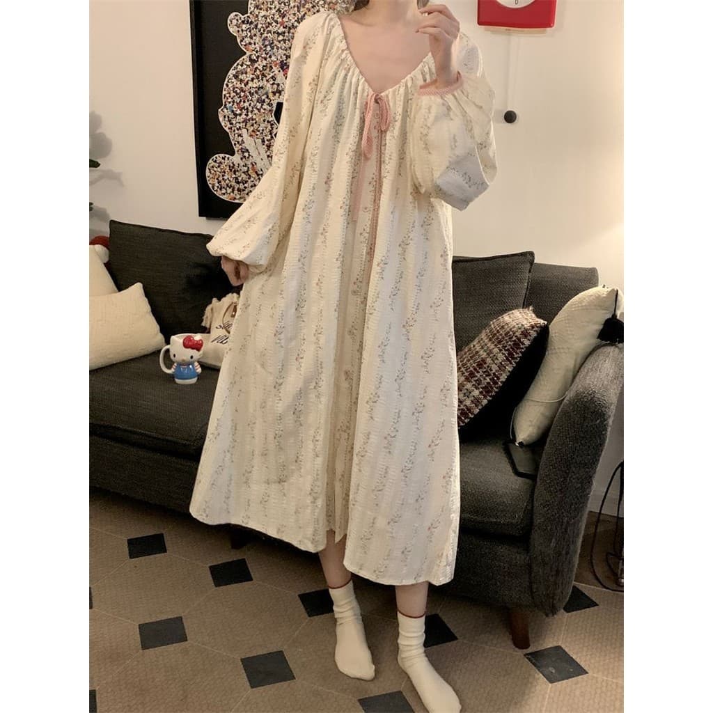 [JLYQ] Camisola Floral doce de manga comprida, comprimento médio, versão coreana, tecido de algodão, pijama solto macio