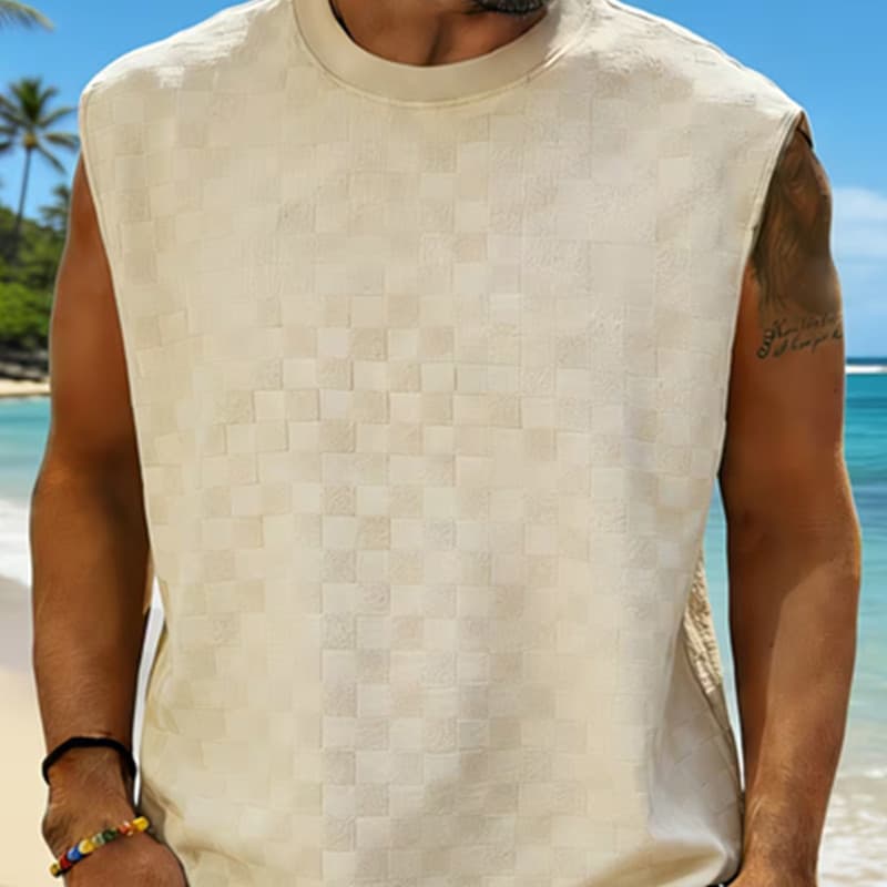 Camiseta Masculina de Verão Sem Mangas 100% Poliéster, Camisetas e Regatas Masculinas, Colete Esportivo Xadrez Casual N3