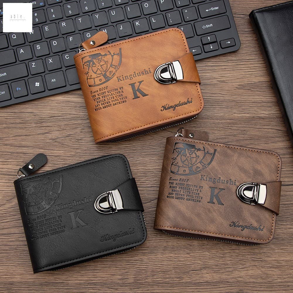 Carteira Masculina Curta Retrô Plug Lock – Bolsa De Moedas Com Zíper Slot Para Vários Cartões De Grande Capacidade