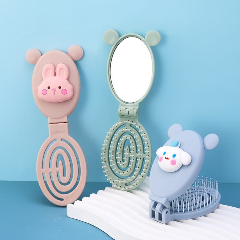 Bonito dos desenhos animados Mini pente dobrável com espelho crianças portátil Flip Head massagem pente