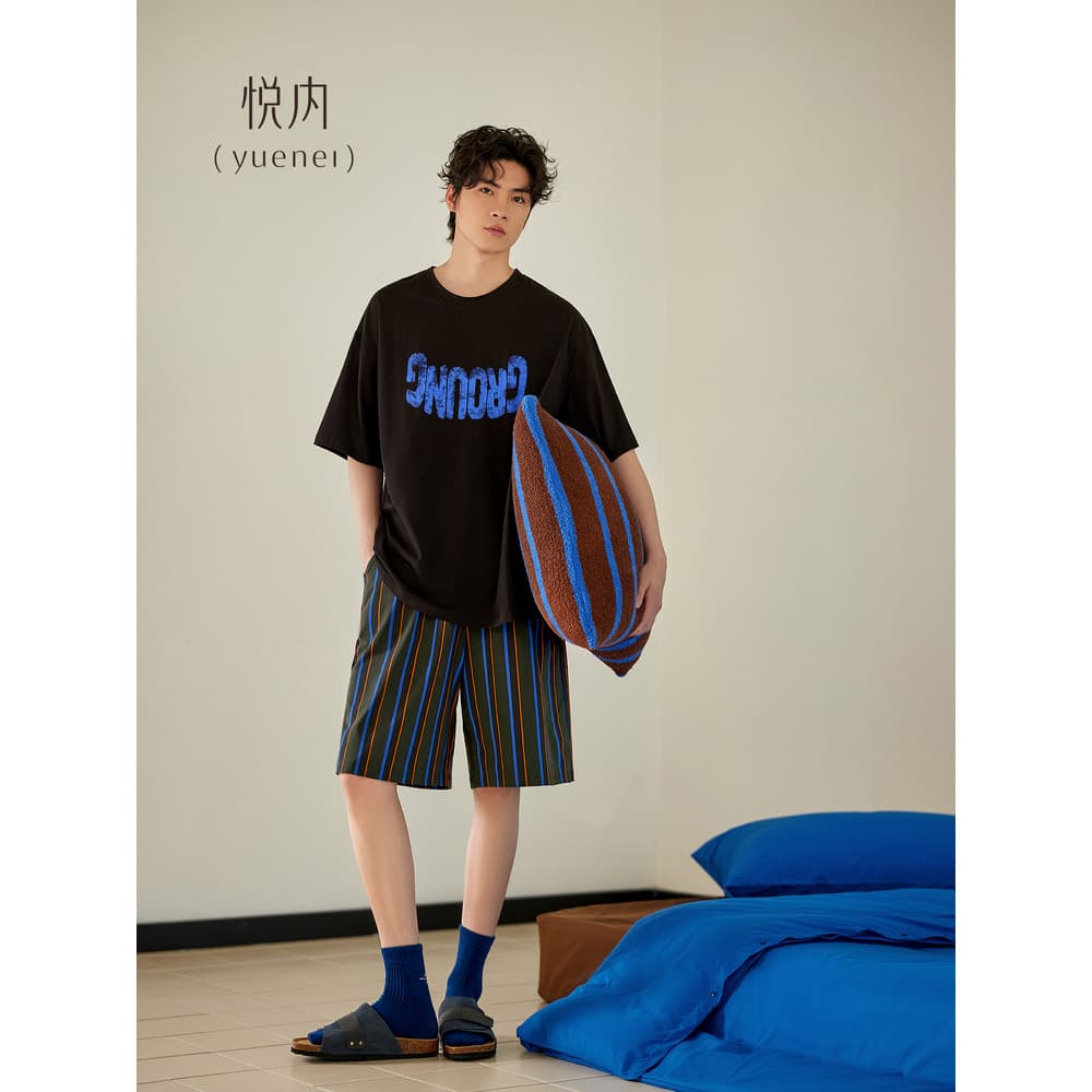 Yue pijamas internos masculinos de algodão puro verão Shorts de manga curta novo estilo Homewear moda Casual em torno do
