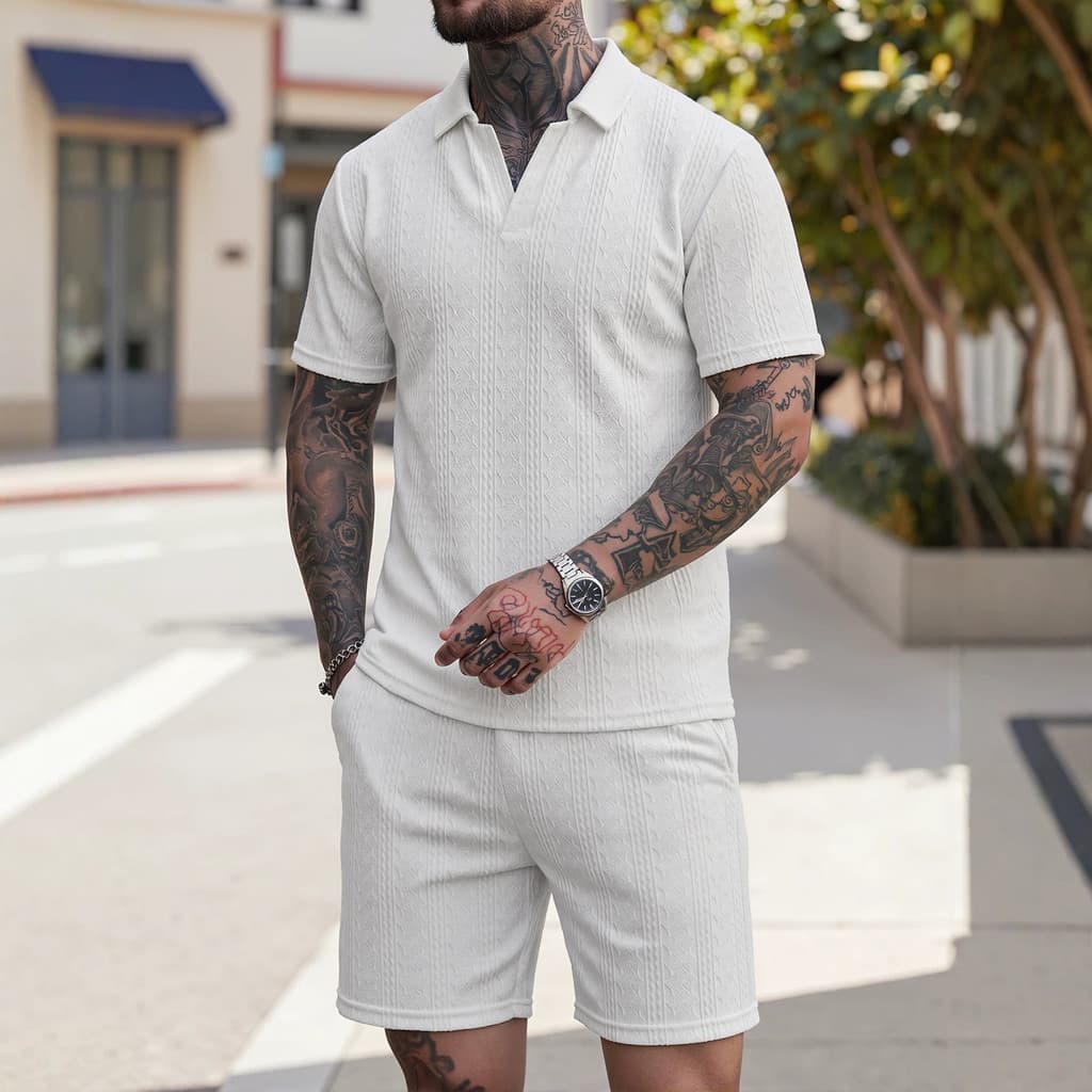 Cross-Border verão novo estilo europeu americano moda masculina Casual lapela camisa Polo malha Jacquard camiseta Shorts