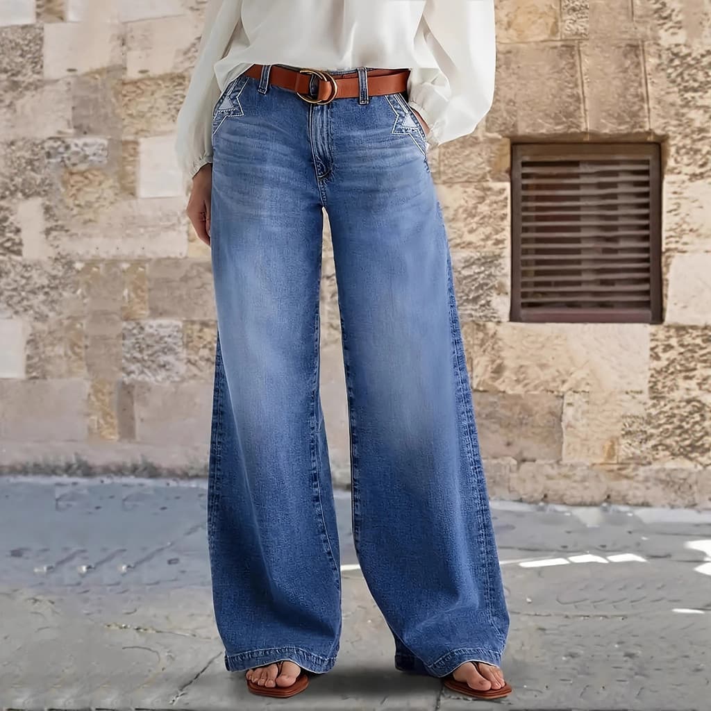 Calça Jeans Feminina Cintura Média Wide Leg Azul Sem Cinto Confortável